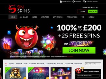 Sin Spins Casino Homepage Preview
